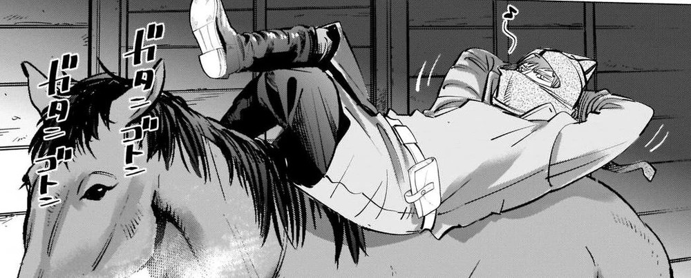 Vasily reclining on top of a horse in a humorous and sloppy style.